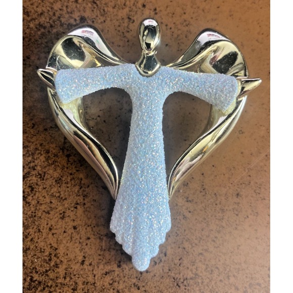 AJC White Glitter Gold Tone Christmas Holiday Angel Brooch 2-1/4" H, 2" W, LN - Picture 1 of 2